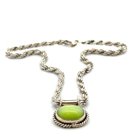 16”x2.8mm .925 Sterling Silver Green Cat’s Eye Pendant Necklace, 37.5g