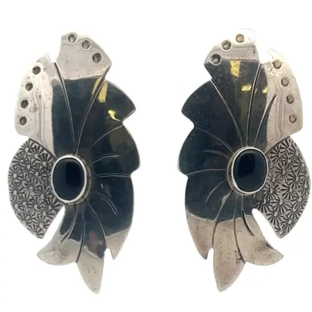 925 Sterling Silver Parrot / Bird Oval Black Onyx Earrings 17.6g