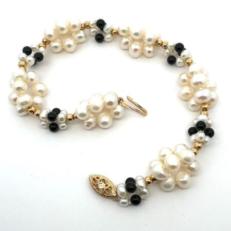 14k YG, Pearl Cluster and Onyz Bracelet, Size 7.5