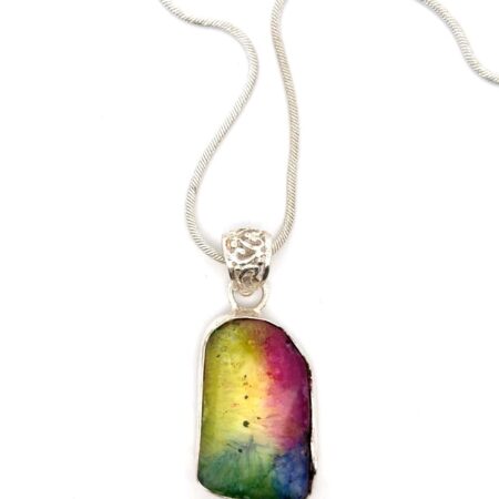 20” .925 Sterling Silver Rainbow Solar Quartz Pendant w/Filigree Bail 19.2g