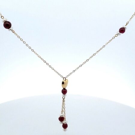 Elegant 14K Yellow Gold Lariat Necklace Garnet & Pearls With Matching Earrings
