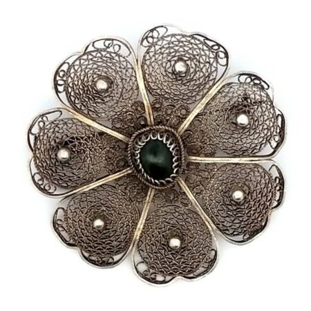 Antique Silver & Oval-shaped Onyx Floral Filigree Brooch/Pin 12.0 Grams