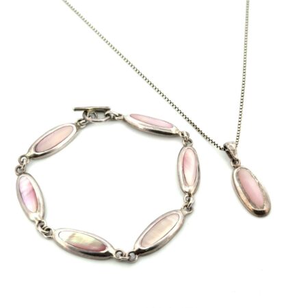 925 Sterling Silver Pink Mother of Pearl Box Chain Necklace & Bracelet Set 18.4g