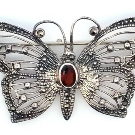 Vintage Sterling Silver Marcasite & Oval Garnet Stone Butterfly Brooch 5.8 Grams