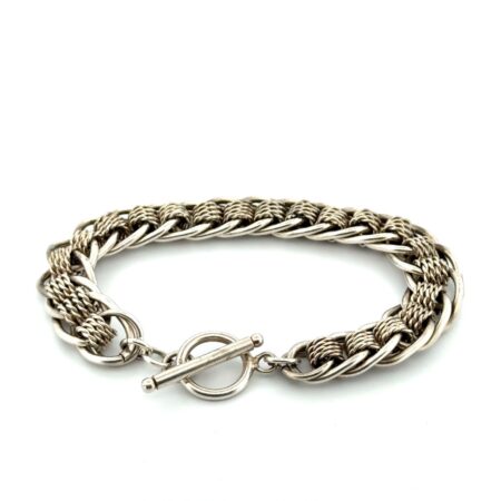 7.5” x 12mm 925 Sterling Silver Double Loop Mesh Circle Toggle Clasp Bracelet