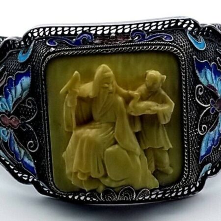 Vintage Ornate Chinese Filigree Enamel, Sterling Silver & Carved Bovine Bracelet