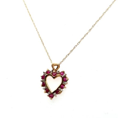18” Dainty 10k Yellow Gold Ruby & Diamond Pendant Necklace 1.3g