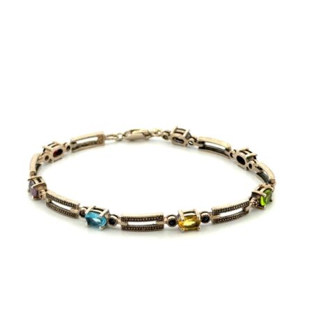 7” Multi-Color Gemstone 925 Sterling Silver Bar Link Tennis Bracelet 9.4g