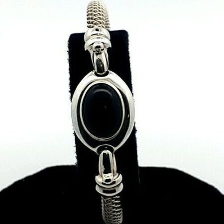 Joseph Esposito 925 Sterling Silver Black Oval Onyx  Mesh Bangle Bracelet