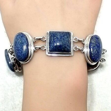 925 Sterling Silver & Large Lapis Stones 8.5" Toggle Clasp Bracelet 45.6 Grams