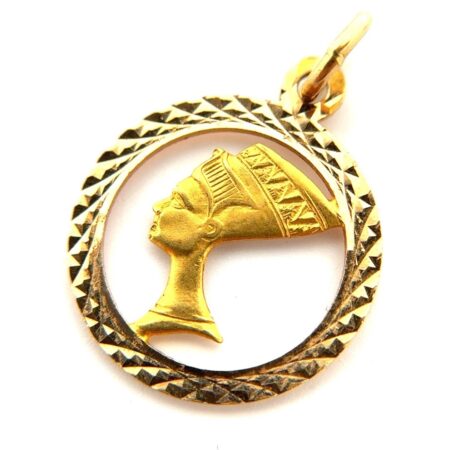 18k Yellow Gold Nefertiti Double Sided Round Charm Pendant 2.4g