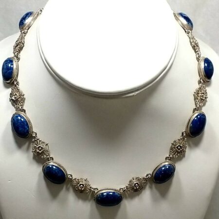 Vintage Italy 800 Silver Blue Apatite Cabochon 15" Choker Necklace 32.5 Grams
