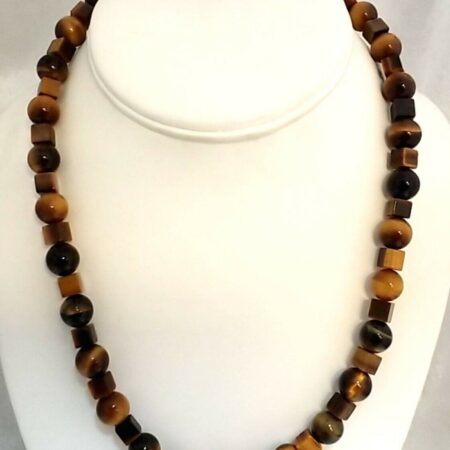 18 Inch Round & Square Cut Tiger Eye Beads With 14K Gold Filled Clasp Necklace