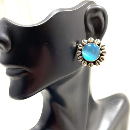 Vintage Sterling Silver Cat's Eye Blue Glass Cabochon Earrings - 21 mm Diameter