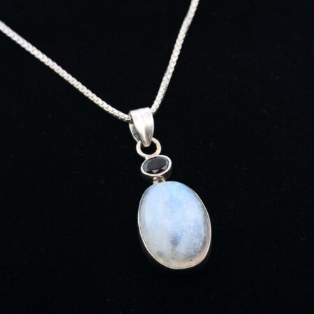 24” Moonstone & Garnet 925 Sterling Silver Pendant Box Chain Necklace 16.6g