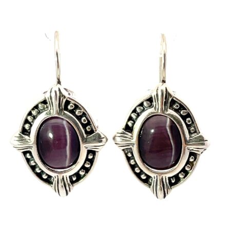 Vintage Sterling Silver Purple Glass Cat's Eye Dangle Hook Earrings