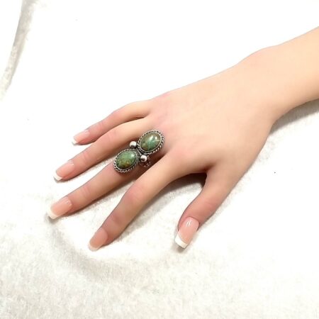 Vintage Navajo Sterling Silver Double Green Turquoise Ring Size-7.5