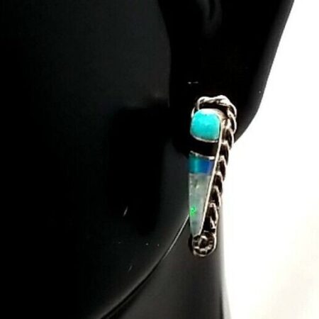 Sterling Silver Zuni Turquoise, Onyx And Mother Of Pearl Inlay Drop Studs