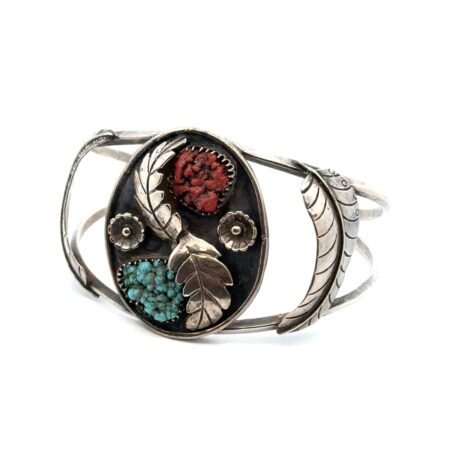 Navajo .925 Sterling Silver Turquoise & Coral Cuff Bracelet, 7”, 36.5g