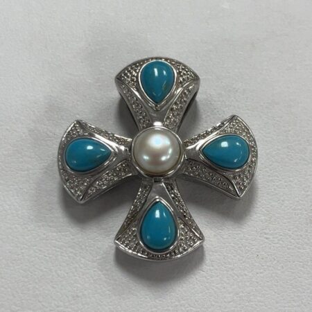 EA Signed .925 Sterling Silver Maltese Cross Pearl & Turquoise Cross Pendant