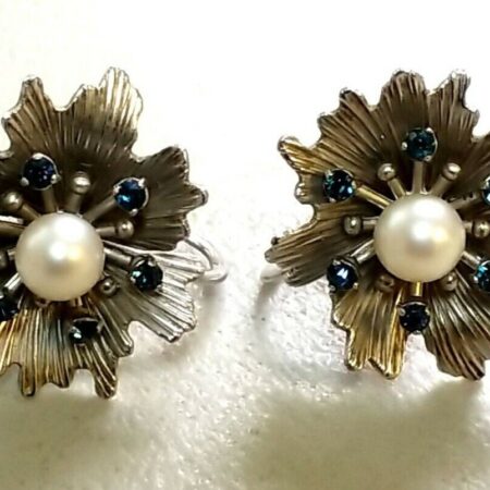 Vintage Krementz Cultured Pearl And Sapphires Silver Tone Screw Back Earrings