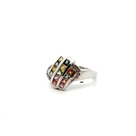 .925 Sterling Silver Rainbow Sapphire & White Zircon Ring, Size-7, 4.5g