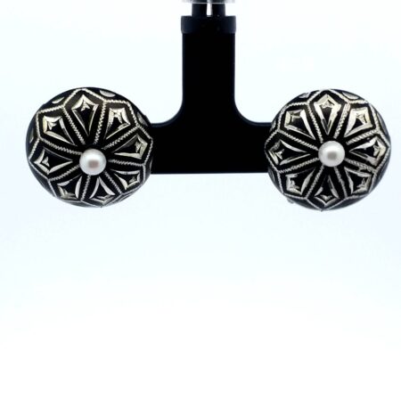 Vintage Sterling Japanese Etched Carved Design, Pearl Enamel Screw Back Earrings