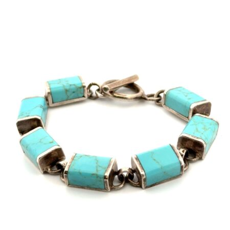 6.75” Mexico 925 Sterling Silver Turquoise Bar Link Togfgle Clasp Bracelet 37.4g