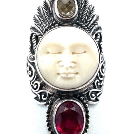 Sterling Silver Red Stone, Citrine, Resin Carved Princess Ethnic Face Ring S-7