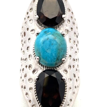 Sterling Silver Pear Shape Smokey Quartz & Oval Turquoise Textured Ring Size-8