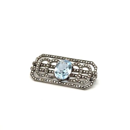 Antique .925 Sterling Silver Antique Art Deco Blue Topaz & Marcasite Brooch/Pin