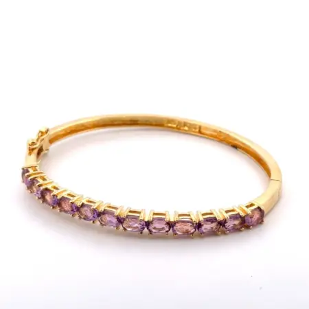 7” Thailand 925 Sterling Silver Gold Vermeil Lab Amethsyt Hinged Bangle Bracelet