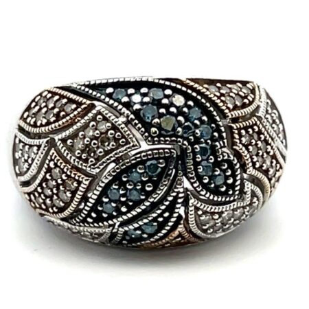 GORGEOUS Designer Sterling Silver Blue, White & Champagne Diamond Dome Ring Sz-5
