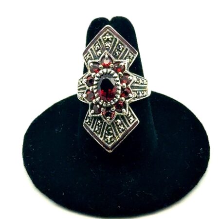 .925 Sterling Silver Art Deco Garnet, Marcasite Ring, Size-7, 9.6g