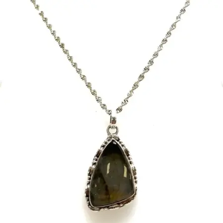 16” 925 Sterling Silver Singapore Chain Necklace w/ Labradorite Pendant 9.6g
