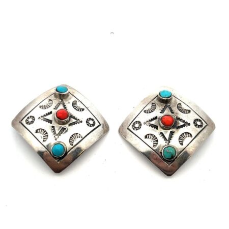 Vinatge Mexico 925 Sterling Silver Turquoise & Coral Clip on Earrings 17.6g