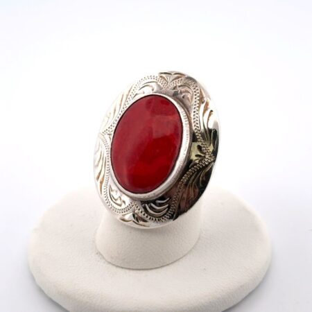 Size: 6.5 Mexico 925 Sterling Silver Oval Coral Statement Ring 9.8g