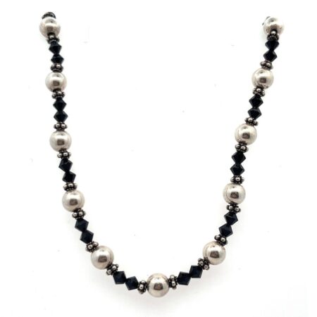 16” 925 Sterling Silver Ball Bead & Black Crystal Necklace 23.7g