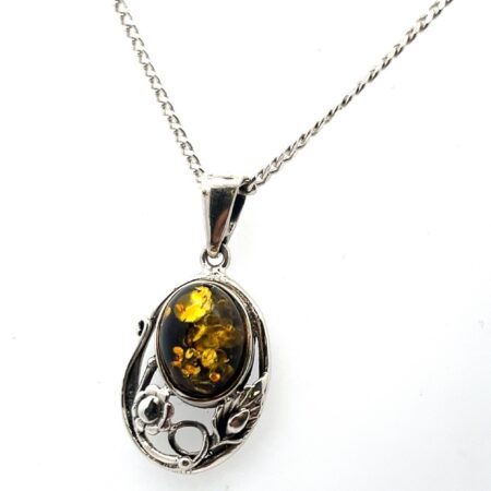 18” 925 Sterling Silver Cuban Link Chain & Floral Amber Pendant Necklace 15.6g