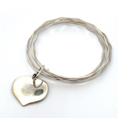 8” 925 Sterling Silver Triple Bangle Heart Charm Bracelet 29.3g