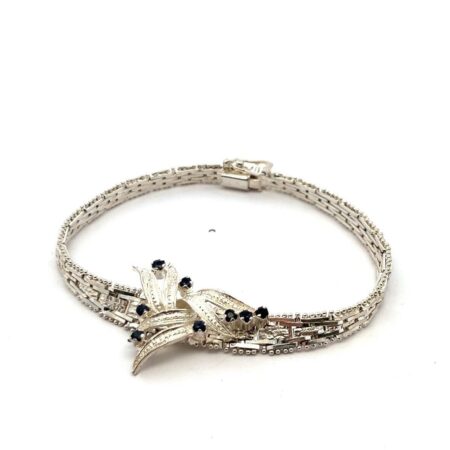7.5” 925 Sterling Silver Blue Sapphire Floral Leaf Diamond Cut Bracelet 16.2g