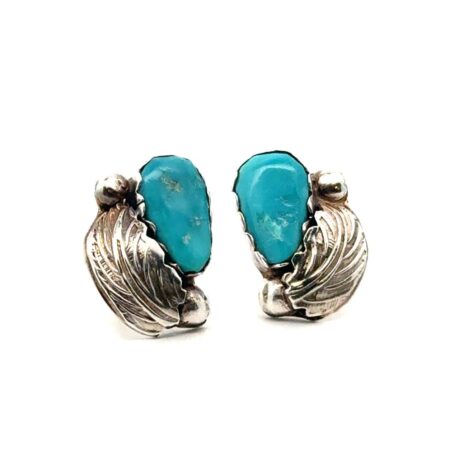 Native American Sterling Silver & Turquoise Leaf Motif Stud Earrings, 4.7g, “BN”
