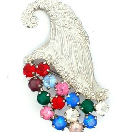 Vintage Silver Plated Cornucopia Pin/Brooch Multi Color Rhinestone 7.4 Grams