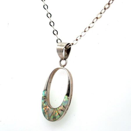 24” 925 SS Fire Opal Inlay Reversible Green Turquoise Pendant on SS Chain 6.9g