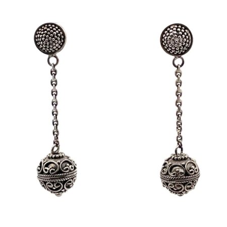 Sterling Silver Ornate Ball on Chain Pierced Earrings Marked 925 BA