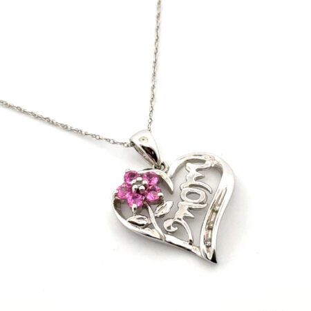 18” Dainty 10k White Gold “Mom” Pink Topaz Heart Pendant Necklace 1.75g