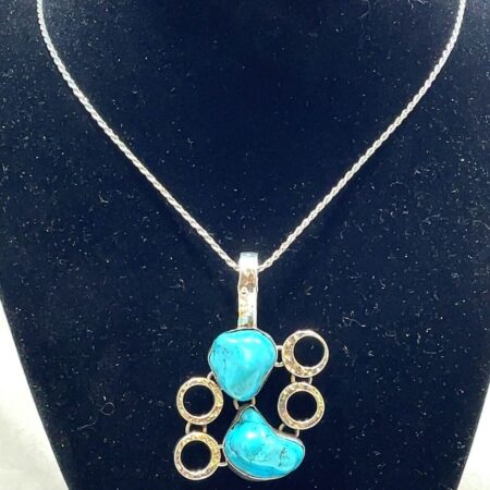 Large Hammered Silver and Turquoise Pendant on 32 Inch Sterling Silver Chain
