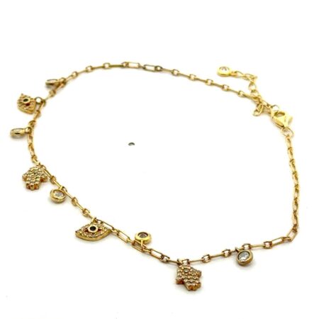 .925 Sterling Silver Gold Vermeil Evil Eye/Hamsa Adjustable Anklet 6.5”-10” 2.8g