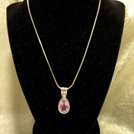 18 Inch Square Snake Chain Necklace with Pear Cut Amethyst Pendant