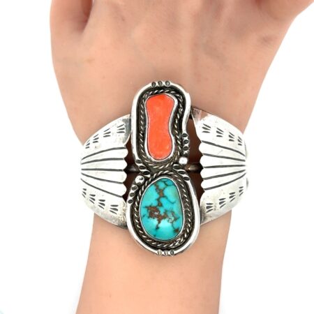 Vtg. Navajo 925 Sterling Silver Turquoise & Red Coral Heavy Cuff Bracelet, 74.4g